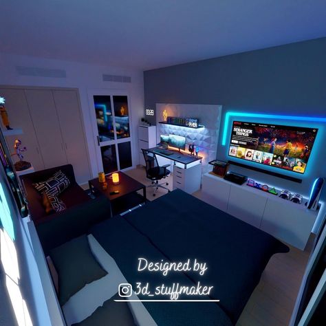 Pc Bedroom Ideas, Room Ideas For Men Bedroom Gaming, Room Ideas With Pc Setup, Modern Mens Room Bedroom Ideas, Living Room Designs Gamer, Mens Gaming Bedroom, Male Gamer Room, Couples Cave Ideas, Garage Rooms Bedrooms