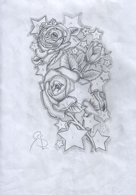 Rose And Star Tattoo Design, Star And Rose Tattoo, Rose And Star Tattoo, Brass Knuckle Tattoo, Star Sleeve Tattoo, Roses Sketch, Sleeve Tattoo Designs, Rose Sleeve, Sketches Tattoo