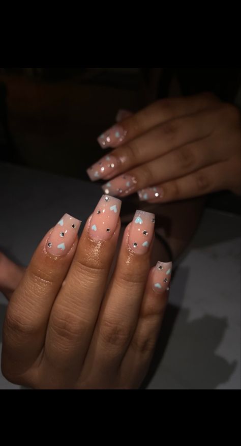 Short Nails Ideas With Rhinestones, Nails With Hearts And Rhinestones, Short Nude Nails With Rhinestones, Short Nails With Heart, Heart Rhinestone Nails, Rhinestone Nails Short, Short Rhinestone Nails, Short Round Nails, Wife Nails