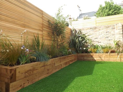 Raised Veg Beds, Garden Sleepers, Deck Staircase, Sunken Trampoline, Slate Patio, Decking Area, Patio Projects, Artificial Lawn, Sloped Garden