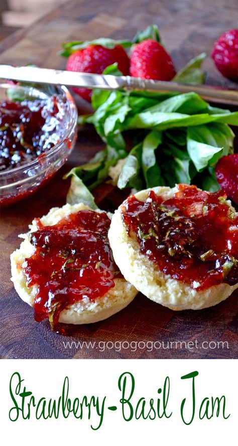 Strawberry Basil Jam Recipe, Strawberry Basil Jam, Basil Jam, Canned Strawberries, Sweet Sauces, Strawberry Basil, Basil Recipes, Second Breakfast, Jam And Jelly