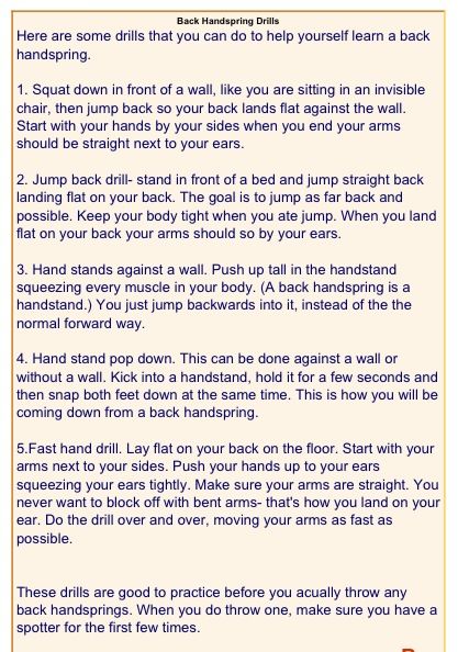 Back-handspring drills. Need to do these, I've been doing pretty good with a spotter. I think I'm close Back Handspring Drills At Home, Backhandspring Drills, Back Handspring Drills, Tumbling Tips, Tumbling Drills, Cheer Flexibility, Cheer Stretches, Cheer Jumps, Cheerleading Workouts