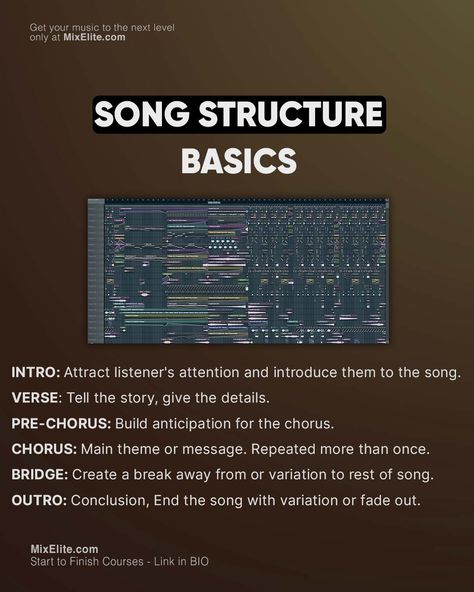 Free Mixing Crash Course 👉 MixElite.com/free-course ⁠ Today you are getting to know the basics of a song structure!⁠ ⁠  ⁠ #MixElite#musicbusiness #flstudiomobile #studiosetup #musicmaker #djmusicproducer #flstudiogang #studiolife #mixingandmastering #beatsforsale #producingmusic #melodies #daw #hiphopbeats #firebeats Song Structure, Song Making, Music Theory Piano, Music Stage, Write Songs, Music Tips, Studio Music, Music Making, Music Things