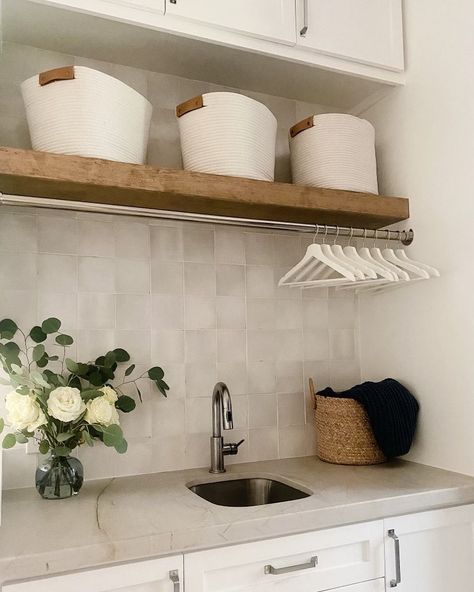 Zellige Tile in Gesso Tile Wall In Laundry Room, Laundry Tiles Backsplash, Laundry Room Wall Tile, Laundry Room Tile Wall, Laundry Room Tile Backsplash, Parisian Chic Decor, Laundry Room Backsplash, Deep Floating Shelves, Room Tiles Wall