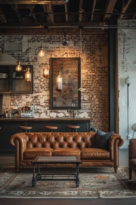 Industrial Living Room Ideas, Modern And Rustic Decor, Whiskey Room, Brick Interior Wall, Steel Furniture Design, Industrial Living Room, Pub Interior, Bedroom Wall Decor Ideas, Inviting Living Room