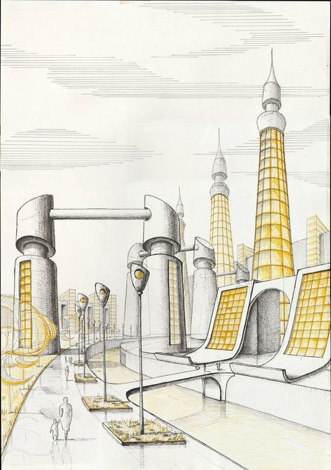 Buildings Sketch Architecture, Futuristic City Utopia, Googie Architecture, City Sketch, Art Sketches Doodles, Art Apps, City Drawing, Architecture Drawing Art, Perspective Drawing