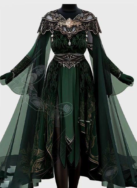 Green Medieval Dress Aesthetic, Black And Green Fantasy Dress, Green Villain Outfit, Celestial Fantasy Outfit, Fantasy Warrior Dress, Elven Outfits Female, Green Warrior Outfit, Fantasy Sorceress Outfit, Fantasy Witch Dress