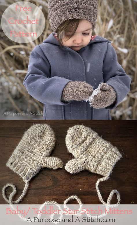 Baby/Toddler Star Mittens- Free Pattern - A Purpose and A Stitch Crochet Baby Mittens, Crochet Mittens Free Pattern, Toddler Mittens, Crochet Mittens Pattern, Baby Gloves, Kids Mittens, Knitted Mittens, Crochet Toddler, Crochet Hat Free