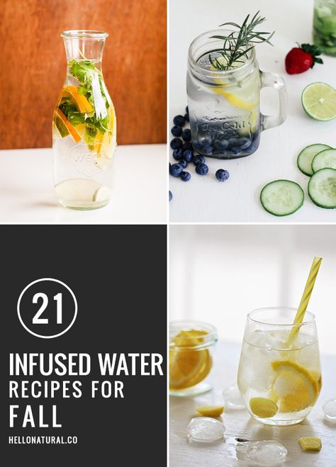 21 Infused Water Recipe for Fall | HelloNatural.co                                                                                                                                                                                 More Water Infusion, Flavored Water Recipes, Recipes For Fall, Lemon Diet, Infused Water Recipes, Fruit Infused Water, Fruit Water, Fat Foods, Vegetable Drinks