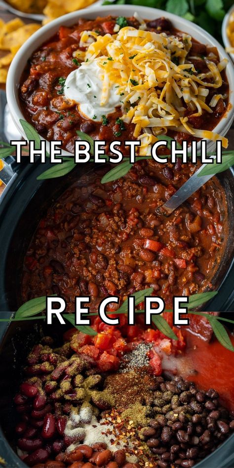 This super easy crockpot chili is THE BEST Chili Recipe! It's filled with ground beef, three types of beans and the perfect blend of chili spices. Family Chili Recipe, Thick Beef Chili Recipe, Overnight Crockpot Chili, Easy Chili With Beans, Easy Yummy Chili Recipe, Chili Best Ever, Best Chili Recipe With Cocoa Powder, New York Times Chili Recipe, Old Fashion Chilli Recipe