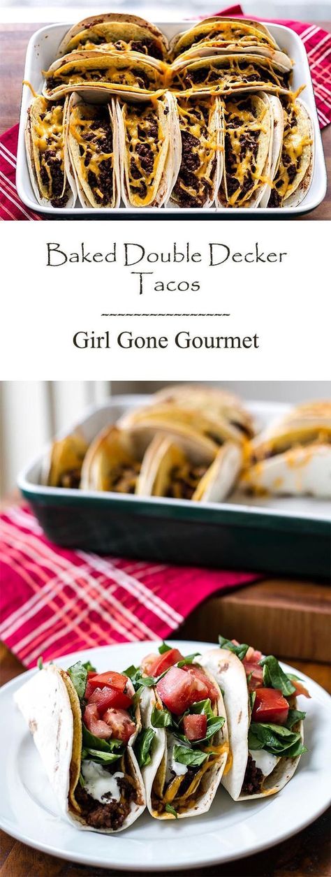 Taco night is double the fun with these double decker tacos | girlgonegourmet.com Tacos In The Oven, Double Decker Tacos, Double Decker Taco, Taco Easy, Football Recipes, Taco Time, Bar Station, Taco Bar, Taco Night