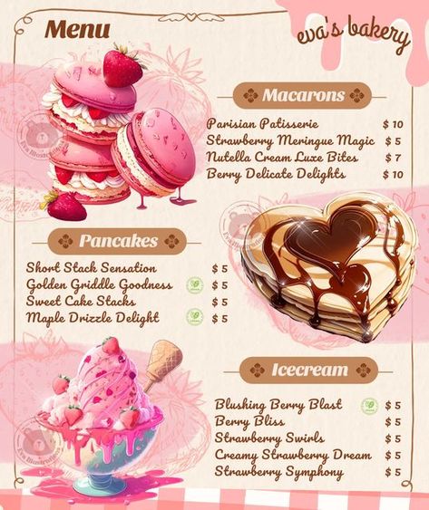 Cute Menu Drawing, Food Menu Ideas, Menu Art, Menu Drawing, Kawaii Menu Design, Sweet Treats Aesthetic, Dessert Menu Design Ideas, Menu With Pictures, Aesthetic Cafe Menu Design