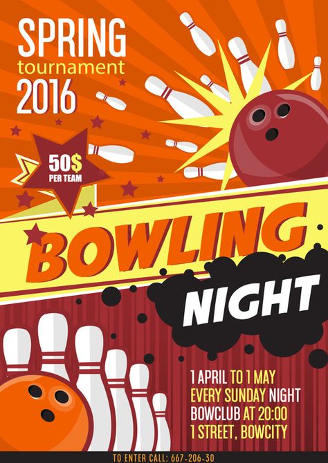 Tournament Poster, Bowling Tournament, Graphic Design Portfolio Cover, Event Advertising, Poster Template Design, Bowling Ball, Graphic Editing, Event Poster, Flat Style