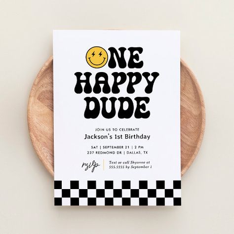 One Happy Dude Checker Happy Face 1St Birthday Invitation #zazzle #weddinginvitations #birthdayinvitations #babyshowerinvitations #zazzleinvitations #monogram #businesscards #graduation #homedecor One Happy Dude Invitation Template, One Happy Dude Birthday Invitations, One Happy Dude Invitation, Advance Happy Birthday Wishes, Birthday Black And White, Dude Birthday Party, One Happy Dude Birthday, Dude Birthday, Skateboard Birthday