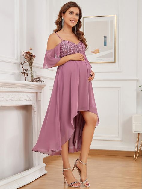 Mauve Purple Glamorous  Short Sleeve Chiffon Plain A Line  Non-Stretch All Maternity Chiffon Maternity Dress, Dress For Pregnant Women, Beautiful Maternity Dresses, Prom Dress With Train, Nursing Fashion, Cute Maternity Outfits, Sequin Decor, Dress With Sleeves, Dress Classy