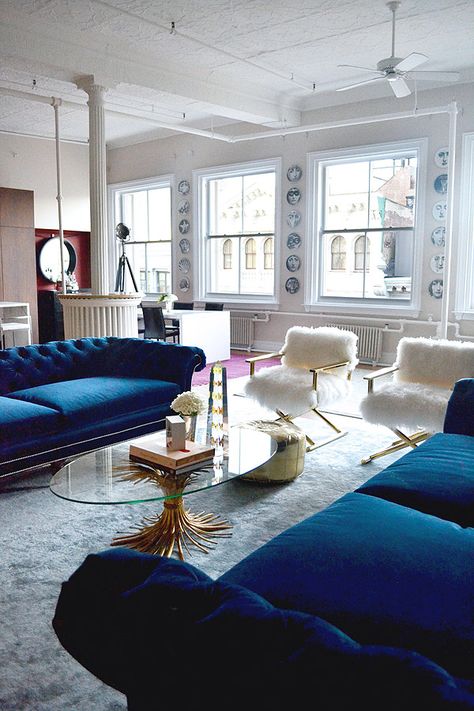 Soho-NYC-loft-Tamra-Sanford-living-room-fuzzy-chairs-blue-velvet-sofas-windows Color Palette For Home, Soho Loft, Blue Velvet Sofa, Blue Couches, Set Sofa, Design Blogs, Decoration Inspiration, A Living Room, My New Room