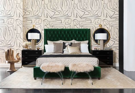 High Fashion Home is the premier destination for unique home furnishings, fashion, and gifts. Contemporary furniture for the eclectic, modern lifestyle. Green Headboard Bedroom, Green Headboard Bedroom Ideas, Headboard Bedroom Ideas, Emerald Green Bedrooms, Green Bedroom Design, Green Headboard, Headboard Bedroom, Sofa Chesterfield, Small Apartment Bedrooms