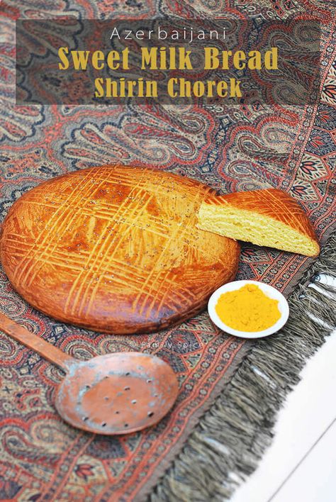 This Azerbaijani Sweet Milk Bread (Shirin Chorek) is traditionally made for the New Year (Nowruz) or for Ramadan, and gets its golden color from turmeric. #chorek #azerbaijan #turmeric #bread Sweet Milk Bread, Campfire Recipes, Persian Recipes, Sweet Milk, Armenian Recipes, Persian Cuisine, Iranian Food, Milk Bread, For Ramadan