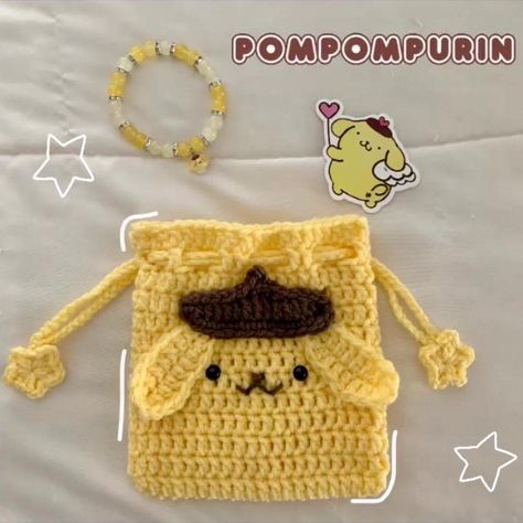 Pompompurin pouch༺☆༻ • Handmade by me • includes... - Depop Pompompurin Bracelet, Crochet Pompompurin, Cute Crochet Pouch, Crochet Pouch Bag, Crochet Wallet, Pom Pom Purin, Crochet Eyes, Pouch Handmade, Crochet Pouch