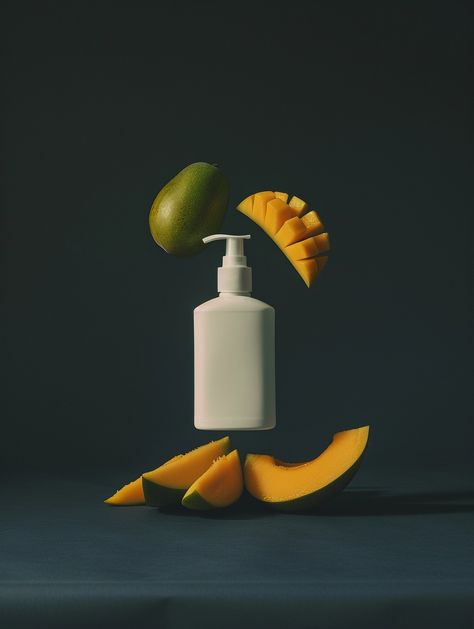 photograph of a shampoo bottle flying, a couple of cut juicy mangoes flying behind the bottle, minimalism, plain dark smooth background, fashion style photography, advertising, minimalism, mangoes behind the bottle, composition clearly in the center. the edges are empty --v 6 Fashion Style Photography, Background Fashion, Photography Advertising, Style Photography, Smooth Background, A Couple, Shampoo Bottle, Fashion Photography, Composition