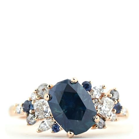 Angled Engagement Ring, Blue Cluster Ring, Modern Blue Sapphire Ring, Vintage Cluster Sapphire Ring For Wedding, Blue Cluster Sapphire Ring For Wedding, Sapphire Cluster Ring For Wedding, Luxury Cluster Sapphire Wedding Ring, Sapphire Cluster Ring, Elegant Sapphire Cluster Ring