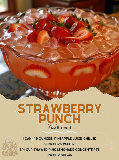 Strawberry Pineapple Punch, Strawberry Punch Recipes, Strawberry Punch, Alcoholic Punch Recipes, Non Alcoholic Punch, Party Punch Recipes, Christmas Punch Recipes, Pineapple Punch, Lemonade Concentrate