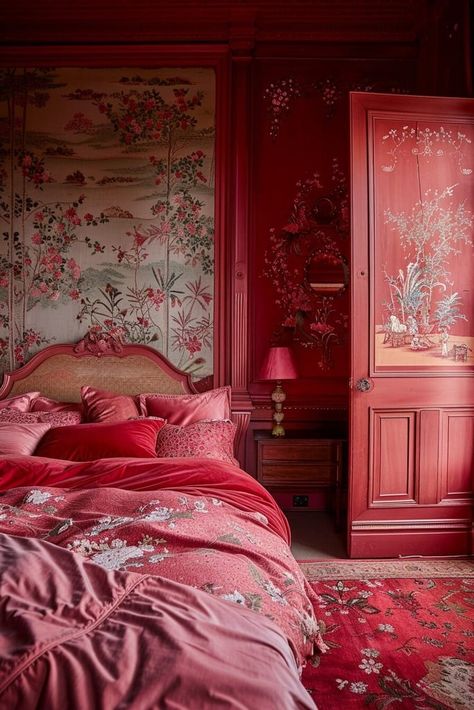 Red Bedroom Ideas, Red Headboard, Dramatic Bedroom, Nyc Rooms, Royal Room, Future Bedroom, Red Bedroom, Bedroom Colour Palette, Guest Bedroom Decor