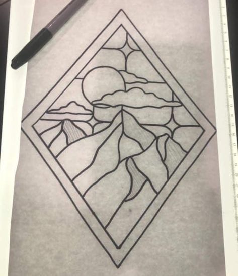 Mountain Stained Glass Patterns, Stained Glass Templates Free Printable, Square Stained Glass Patterns, Stained Glass Window Tattoo, Stained Glass Drawing, Stained Glass Templates, Stained Glass Mountains, Window Sketch, Diy Stained Glass Window