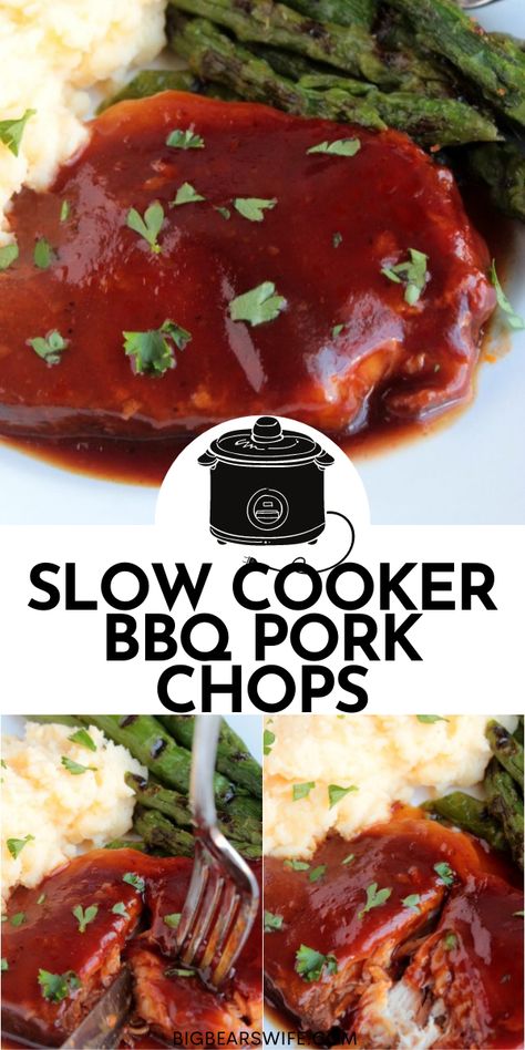 You only need 4 items for these Slow Cooker BBQ Pork Chops! Ready to make them? Grab some pork chops, BBQ sauce, soda, and a slow cooker! Bbq Pork Chop Crock Pot Recipes, Crock Pot Pork Chops Bbq, Crockpot Porkchops Bbq, Barbecue Pork Chops In Crockpot, Crockpot Barbecue Pork Chops, Crockpot Bbq Pork Chops Boneless, Pork Chops In The Crock Pot Bbq, Crockpot Asian Pork Chops, Barbecue Pork Chops Crock Pot