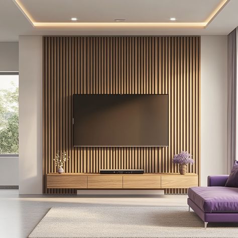 Brown Wall-Mounted Modern TV Unit Design with Fluted Panel and Storage Solutions | Livspace Wood Tv Walls, Tv Wall Panel Design, Tv Panel Designs, Wall Panel Wood, Wood Ceiling Panels, Tv Wall Panel, Rain Wallpaper, Accent Wall Design, Sound Diffuser