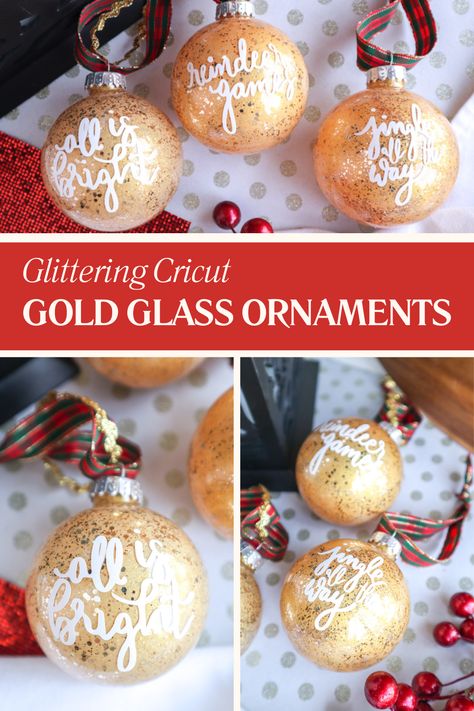 Ornament Exchange Ideas, Ornaments Cricut, Diy Ornaments Christmas, Write On Glass, Clear Glass Ornaments, Glitter Champagne, Gold Writing, Ornament Exchange, Cut Image