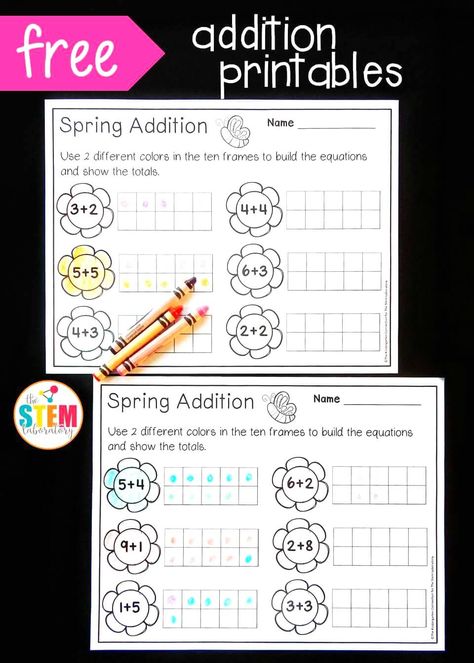 Free Spring Ten Frame Addition Sheets! Great visual for teaching kids how to add. Fun kindergarten math center for spring! Addition Within 10 Activities, Ten Frame Addition, Frame Addition, Prek Worksheets, Flower Math, Flower Activities, Teaching Subtraction, Addition Kindergarten, Spring Kindergarten