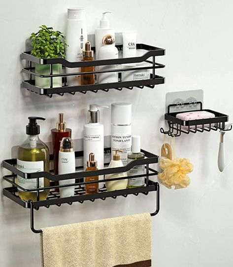 Shower Storage Hook, Tub Shower Storage Ideas, Over Shower Storage, Black Shower Shelves, Shower Assesories, Adhesive Shower Shelves, Shower Organization Ideas Aesthetic, Shower Holder Ideas, Shower Accessories Ideas