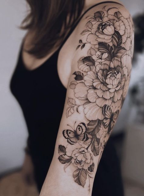 Peony And Butterfly Tattoo Sleeve, Flower And Insect Tattoo Sleeve, Elsie Tattoo, Botanical Tattoo Sleeve Vintage, Botanical Tattoo Sleeve, Hydrangea Tattoo, Shoulder Sleeve Tattoos, Vine Tattoo, Garden Tattoos