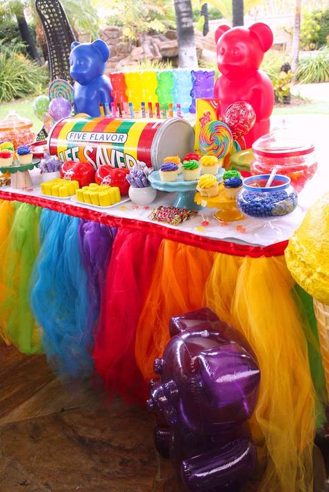 Candyland Birthday Suprise | CatchMyParty.com Gummy Birthday Party Ideas, Gummy Bear Themed Birthday Party, Gummy Bear Birthday Party Decorations, Candyland Birthday Food Ideas, Gummy Bear Birthday Party Ideas, Candyland Photo Backdrop, Candyland Birthday Outfit, Candyland Pinata, Candyland Dance Theme