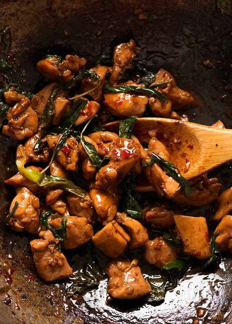 Close up of Thai Basil Chicken in a wok, fresh off the stove ready to be served Thai Chilli, Easy Thai Recipes, Thai Basil Chicken, Wok Recipes, Recipetin Eats, Recipe Tin, Basil Chicken, Thai Basil, Thai Dishes