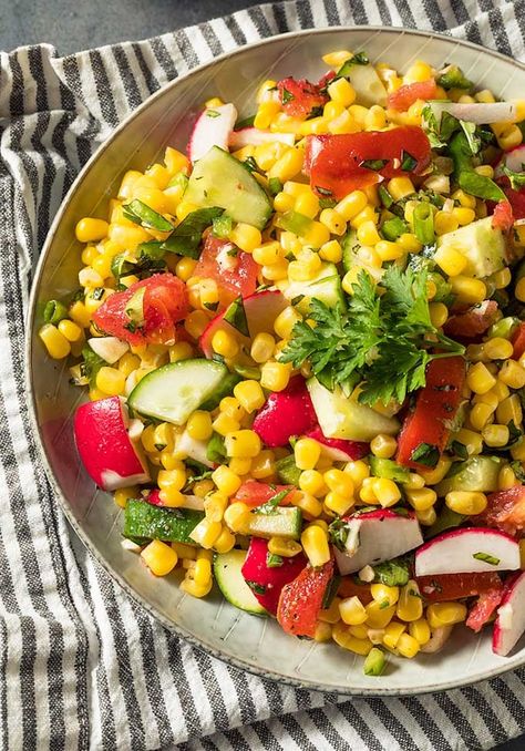 Corn And Radish Salad, Edamame Succotash, Salad With Radishes, Succotash Salad, Sweet Corn Salad, Corn Salad Recipe, Corn Relish, Vegan Potato Salads, Corn Salad Recipes