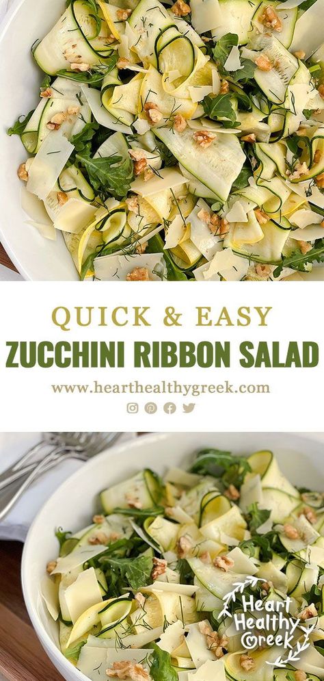 Zucchini Ribbons Recipes, Healthy Greek Recipes, Zucchini Ribbon Salad, Zucchini Side Dish Recipes, Zucchini Dinner Recipes, Zucchini And Yellow Squash, Ribbon Salad, Recipe For Zucchini, Raw Zucchini