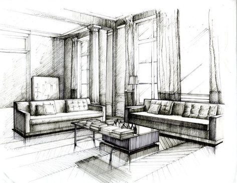 I’m going to attempt to discuss this topic and dispel a few misconceptions regarding 3D Visualisation, whilst acknowledging the role of hand rendering, which is going to be a challenge given … One Point Perspective Room, Croquis Architecture, Perspective Room, Architecture Sketches, Bedroom Drawing, Interior Design Renderings, Drawing Interior, Interior Design Drawings, Interior Design Sketches