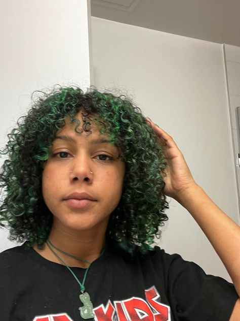 Green Highlights In Curly Hair, Green Hair Dye Black Women, Green Curly Hair Natural Curls, Curly Green Hair, Green Natural Hair, Green Curly Hair, 3b 3c Hair, Black And Green Hair, Blue Hair Highlights