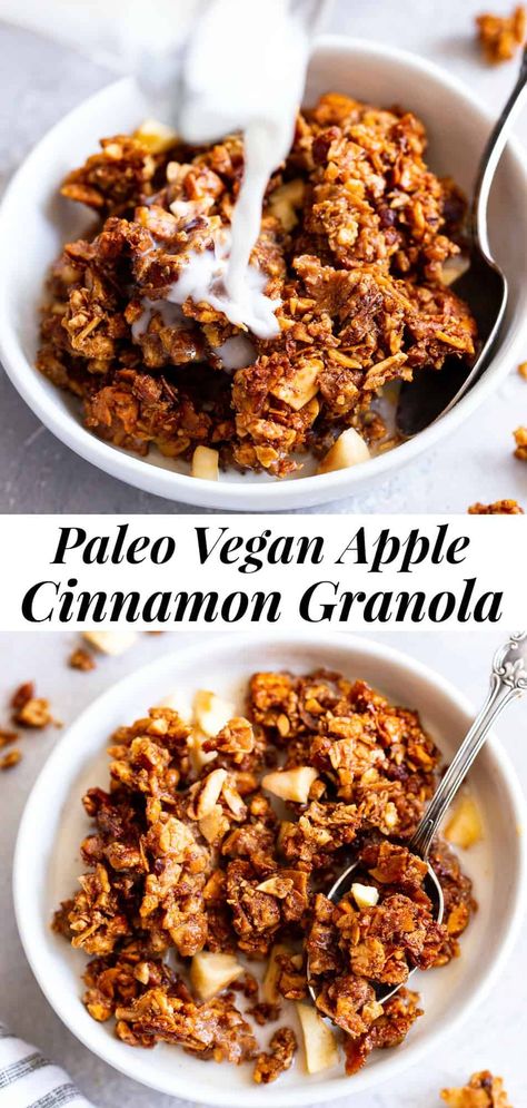 This apple cinnamon granola is the ultimate grain free granola for fall! Packed with apple pie spice, chopped nuts, coconut, chewy dried apples and sweetened with maple syrup, this baked granola is perfect for breakfast with dairy free milk or for snacking on by the handful! It’s vegan, dairy free, and paleo friendly. #paleo #vegan #cleaneating Cinnamon Granola Recipe, Apple Cinnamon Granola, Paleo Granola Recipe, Grain Free Vegan, Paleo Running Momma, Paleo Recipes Snacks, Grain Free Breakfast, Paleo Granola, Cinnamon Granola