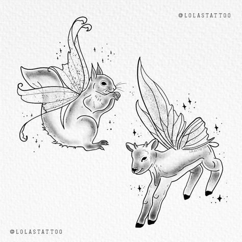 Animals With Fairy Wings Tattoo, Animal With Wings Tattoo, Fairy Cow Tattoo, Goat With Wings, Fairy Animal Tattoo, Drawing For Tattoos, Forest Fairy Tattoo, Fairytale Tattoo Ideas, Flashes Tattoo