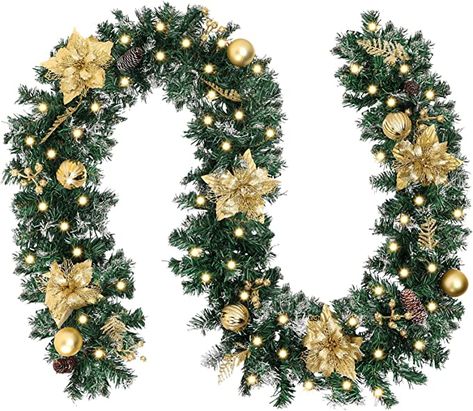 Amazon.com: CEWOR 9 Ft Artificial Christmas Garland Green Rattan with Gold Flower Decorations with 50 Warm White LED Lights Unpre-lit for Home Stairs Fireplace Front : Home & Kitchen Christmas Garland For Front Door, Stairs Fireplace, Home Stairs, Black Gold Christmas, Fireplace Fronts, Artificial Christmas Garland, Warm White Led Lights, Artificial Garland, House Stairs