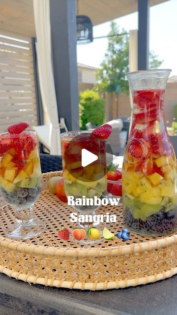 Linda Ligon on Instagram: "Rainbow sangria 🌈 is a delicious, beautiful and refreshing drink for the summer. You can not go wrong with fresh fruit and this combination is stunning. Here is what I used~

Blueberries 
Kiwi
Pineapple 
Peaches 
Strawberries 

For sangria, mix one bottle of white wine (I used sauvignon blanc), 1/2 c triple sec and 1/2 liter of Sprite. Mix well and refrigerate. Arrange your fruit in glasses and carafe. Pour the sangria mixture over the fruit. The longer it sits, the more the fruit flavors come out. 
I got everything I needed from @walmart. Comment “sangria” and I will send you the shopping list. 

#rainbowsangria #rainbowcocktail #fruitrainbow #sangriarecipe #pridemonth #pridecelebration" Rainbow Sangria, Sangria Mix, Rainbow Cocktail, Watermelon Margarita, Happy Hour Drinks, Sangria Recipes, Fun Recipes, Summer Entertaining, Triple Sec