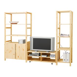 Ivar from Ikea. love this but want the tv up higher Ivar Storage, Ikea Shelving, Ivar Ikea, Ikea Tv Stand, Ikea Home Office, Ikea Ivar Cabinet, Homeschool Space, Ikea Style, Ikea Pax Closet