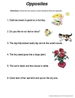 Worksheet | Opposites (Antonyms) | Circle the two words in each sentence that are opposites. Second Grade English, Opposites Worksheet, Reading Vocabulary, Base Words, Blend Words, English Language Arts High School, 2nd Grade Worksheets, Jolly Phonics, Root Words