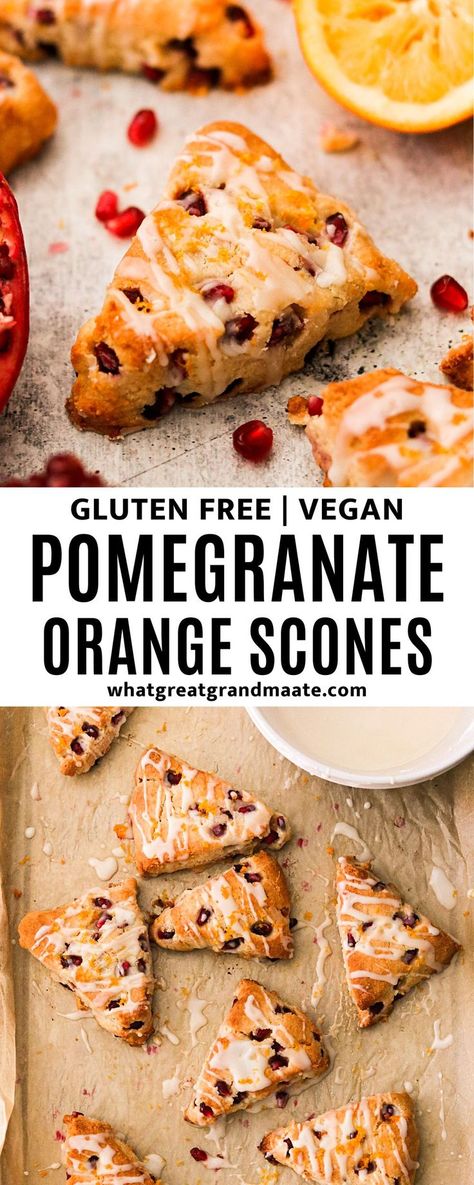 These gluten free and vegan pomegranate orange scones are flaky and bettery, and go perfectly with a hot cup of coffee! You can even substitute pomegranate with cranberries if you want, and they are perfect for a holiday brunch. Baking With Pomegranate Seeds, Pomegranate Baked Goods, Recipes Using Pomegranates, Pomegranate Vegan Recipes, What To Make With Pomegranate, Pomegranate Pastries, Vegan Pomegranate Recipes, Pomegranate Baking, Pomagranet Recipe Dessert