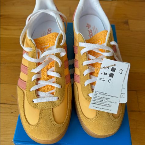 Brand New, Never Worn Adidas Gazelles In The Color Semi Spark / Wonder Clay / Cloud White Yellow Adidas Shoes, Clay Cloud, Adidas Gazelles, Adidas Gazelle Indoor, Yellow Adidas, Adidas Originals Shoes, Adidas Shoes Originals, Yellow And Pink, Cloud White