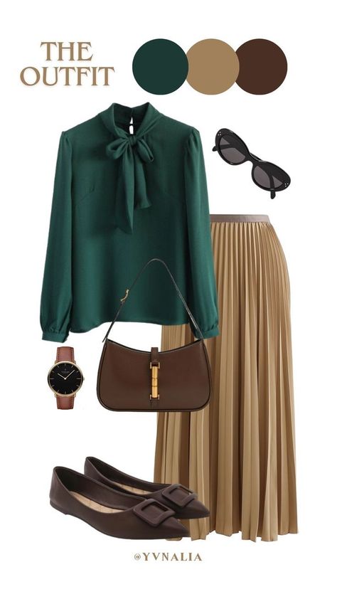 Pleated Skirt Outfit Hijab, Brown Pleated Skirt Outfit, Autumn Color Palette Fashion, Mix And Match Outfits, Modest Casual Outfits, Mix Match Outfits, Colour Combinations Fashion, Color Combos Outfit, Classic Style Outfits