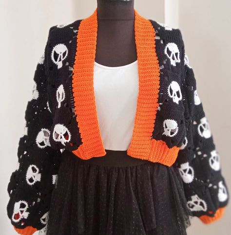 Skull Cardigan Crochet, Crochet Crop Cardigan, Crochet Cardigan Granny Square, Black Crochet Cardigan, Cardigan Granny Square, Halloween Cardigan, Calm Room, Granny Square Cardigan, Cardigan Handmade